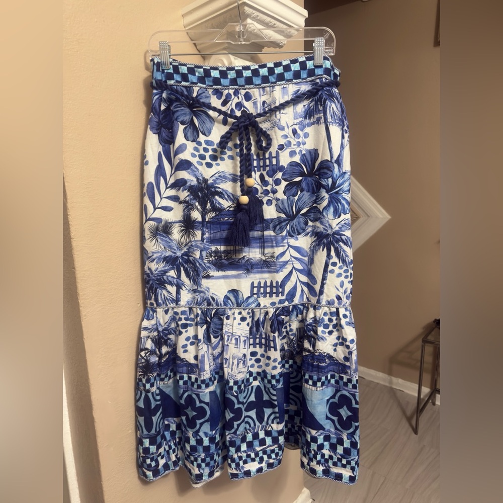 House of Harlow 1960 Blue and White Tie Front Maxi Skirt